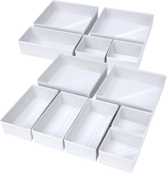 DIMJ Drawer Organizer Clothes, 12 Pack Fabric Closet Organizers and Storage, Foldable Baby Clothes Organizer & Dresser Bin For Nursery, Bedroom, Closet, Socks, Bra, Tie,White