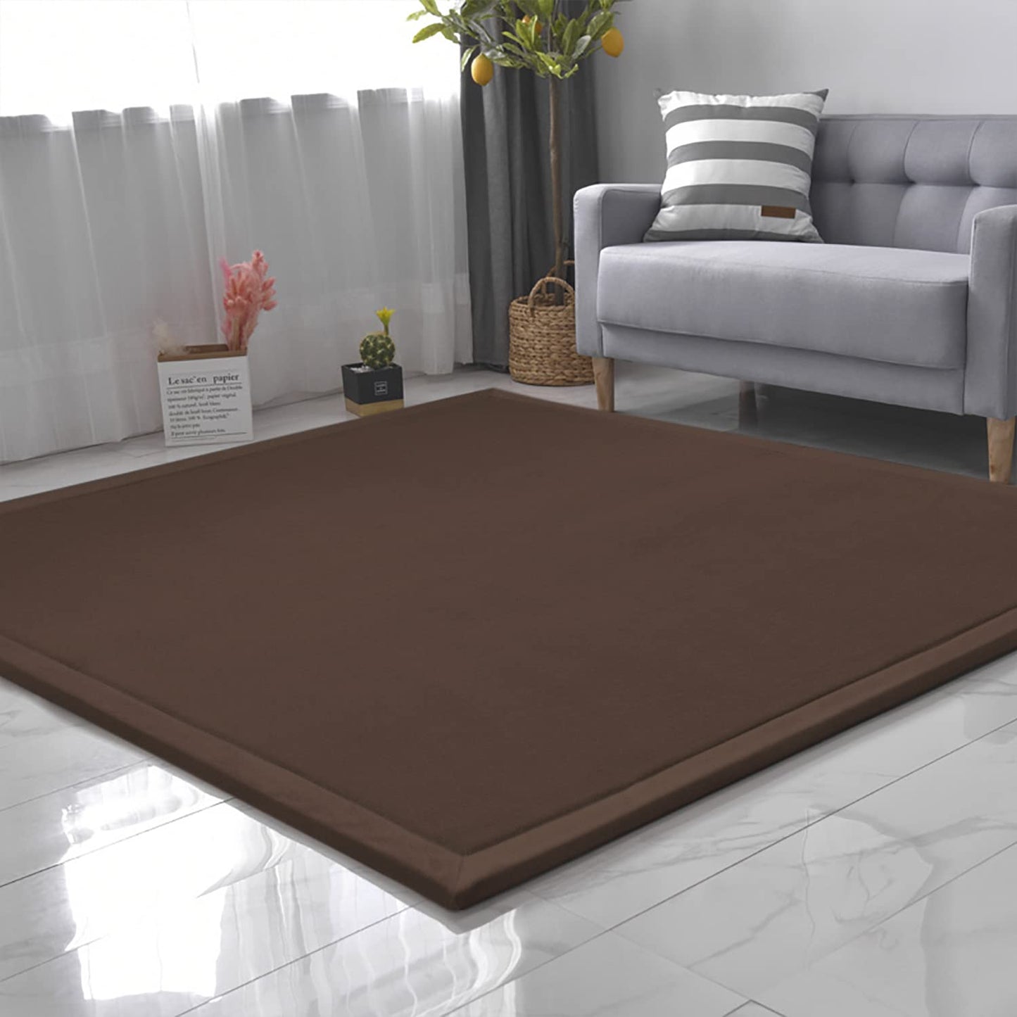 Loartee Coral Velvet Crawling Rug (6'8"x 6'8", Coffee) for Toddler Children Play Area Rug Yoga Mat Exercise Pad Carpet