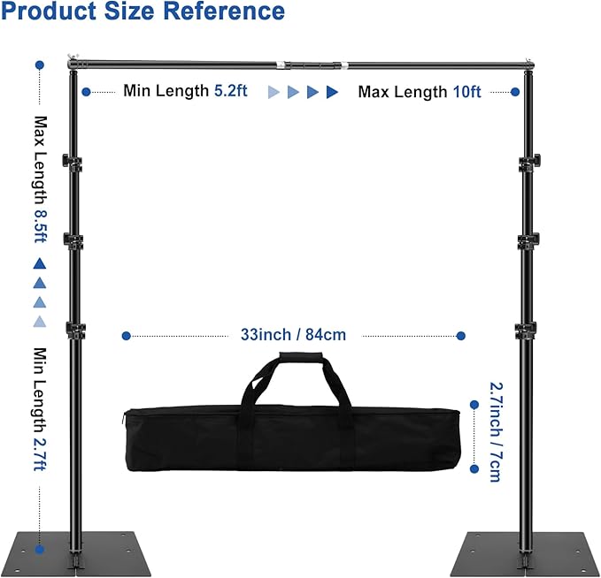 Jiang&Rong Backdrop Stand Kit - 10ft x 8.5ft Adjustable Photo Background Stand Support Poles with Heavy Duty Flat Base, Photo Metal Steel Pipe and Drape Frame Kit for Parties Birthday Wedding - Black