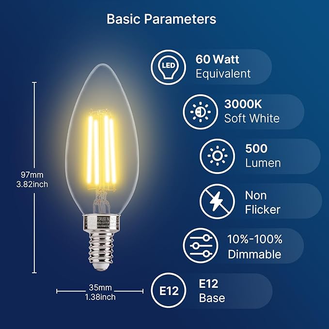 FLSNT 60W Equivalent LED Chandelier Light Bulbs, Dimmable LED B11 E12 Candelabra Base Bulbs, 3000K Warm White, 500LM, 24 Pack