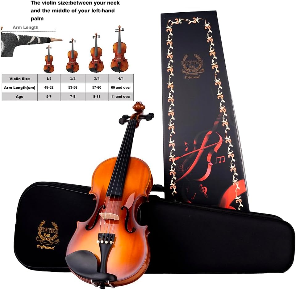 Rhythm Violin Set for Beginners,Acoustic Violins Starter Kit Package for Student,Beginners Fiddle with Hard Case, Rosin, Shoulder Rest, Bow, and Extra Strings (NATURAL, 1/4)