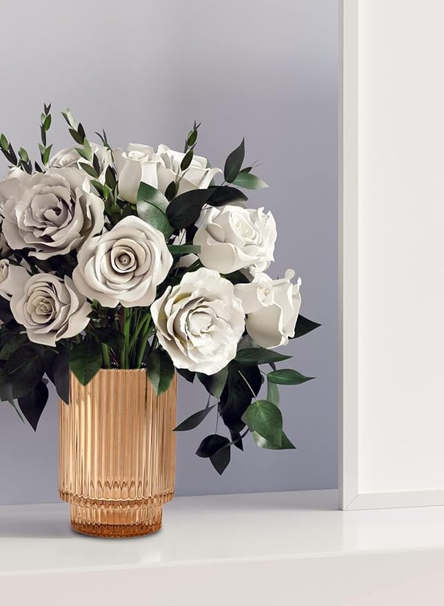 Serene Spaces Living Amber Ribbed Glass Votive Holder, Decorative Centerpiece for Wedding, Christmas, Thanksgiving, Living Room, Home Décor, Measures 3.25" Diameter and 5" Tall, Set of 24