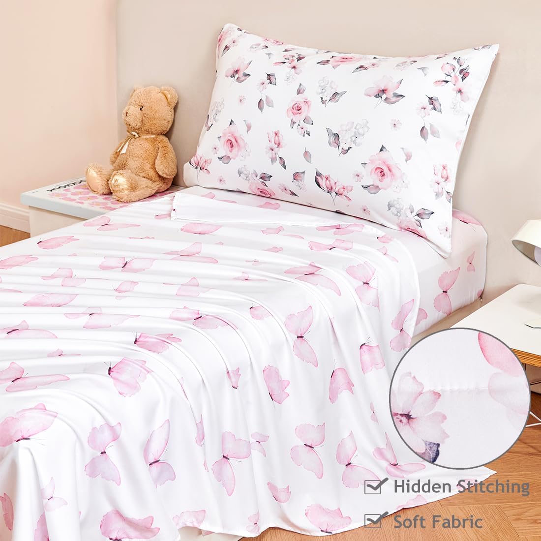 PERFEMET Floral Toddler Bedding 4-Piece Pink Flower Toddler Girls Comforter with Sheet Set Reversible Butterfly Crib Bed Sets-Comforter, Fitted Sheet,Flat Sheet,Pillowcase