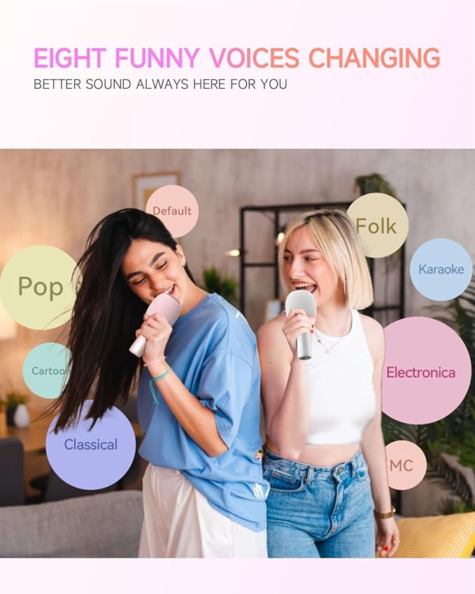 Wireless Bluetooth karaoke Microphone, 5-in-1 Portable Handheld Microphone for iPhone, Karaoke Microfono with Dynamic Lights for Car / Home Party, Music Record, Duet Singing Mic for Kids Adults-White