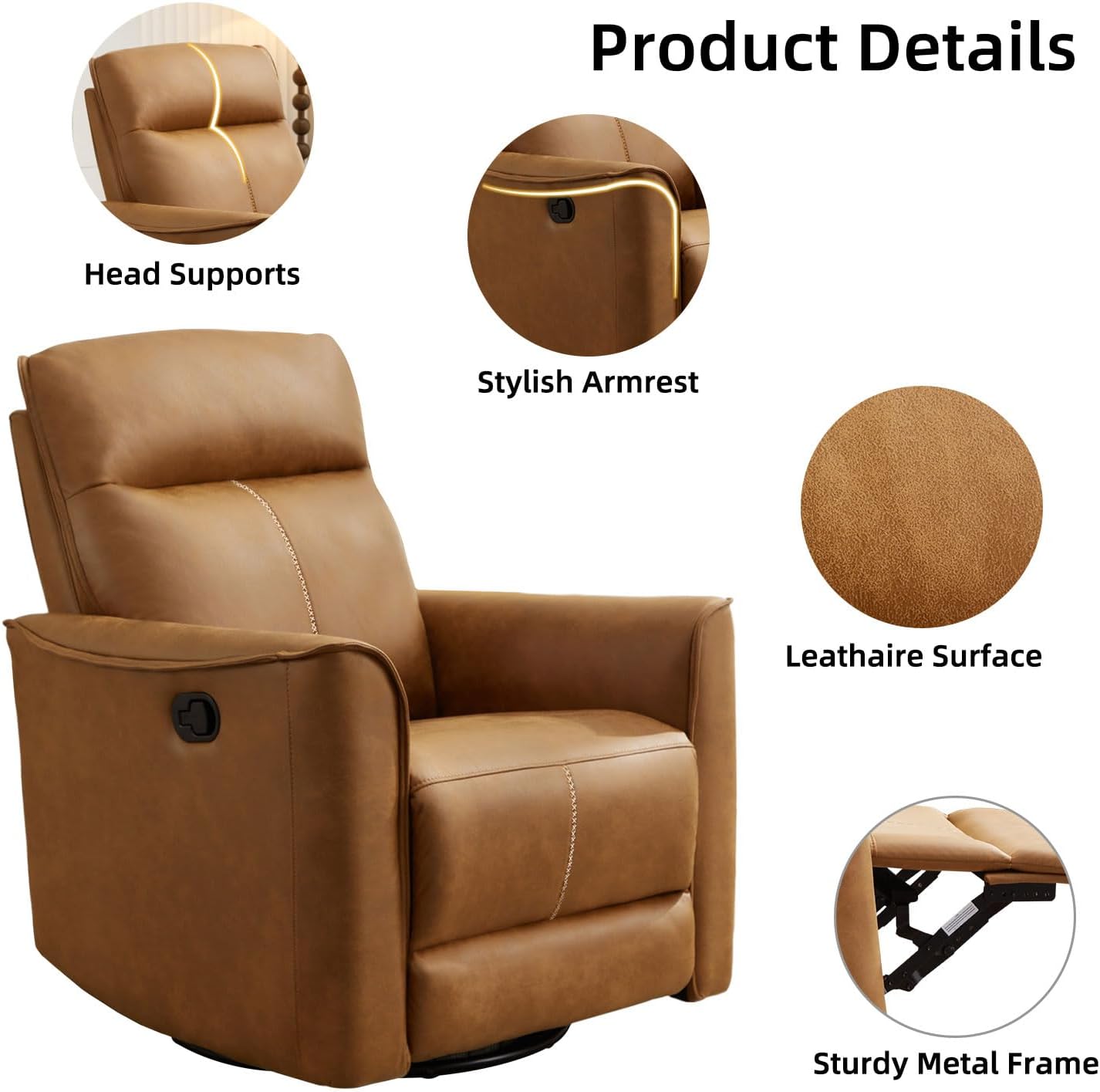 Swivel Rocker Recliner, Glider Rocking Chair, Nursing Chairs Swivel Glider Recliners with Soft Backrest, Leathaire Manual Reclining Sofa for Living Room Bedroom Apartment, Brown