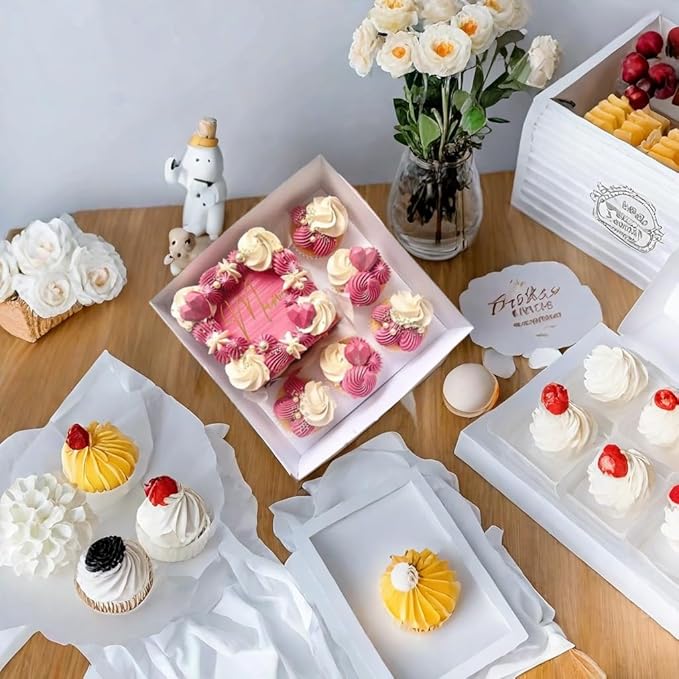 Bento Cake and Cupcake Box 4-inch Cake and 5 Cupcakes Box Full Clear Cover 5 Sets for Family Dinner Birthday Party Picnic Gift