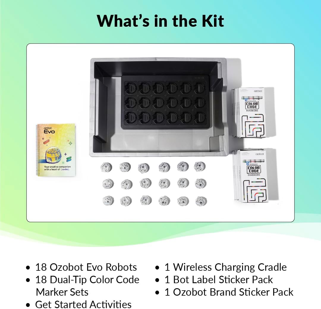 Evo Classroom Kit (18 Bots): Interactive Coding Robot, Kids Ages 5+, Includes 18 Evo Robots, Color Code Markers, Charging Cradle, Bot Stickers, Access to 700+ STEAM Lessons, Educators & Parents