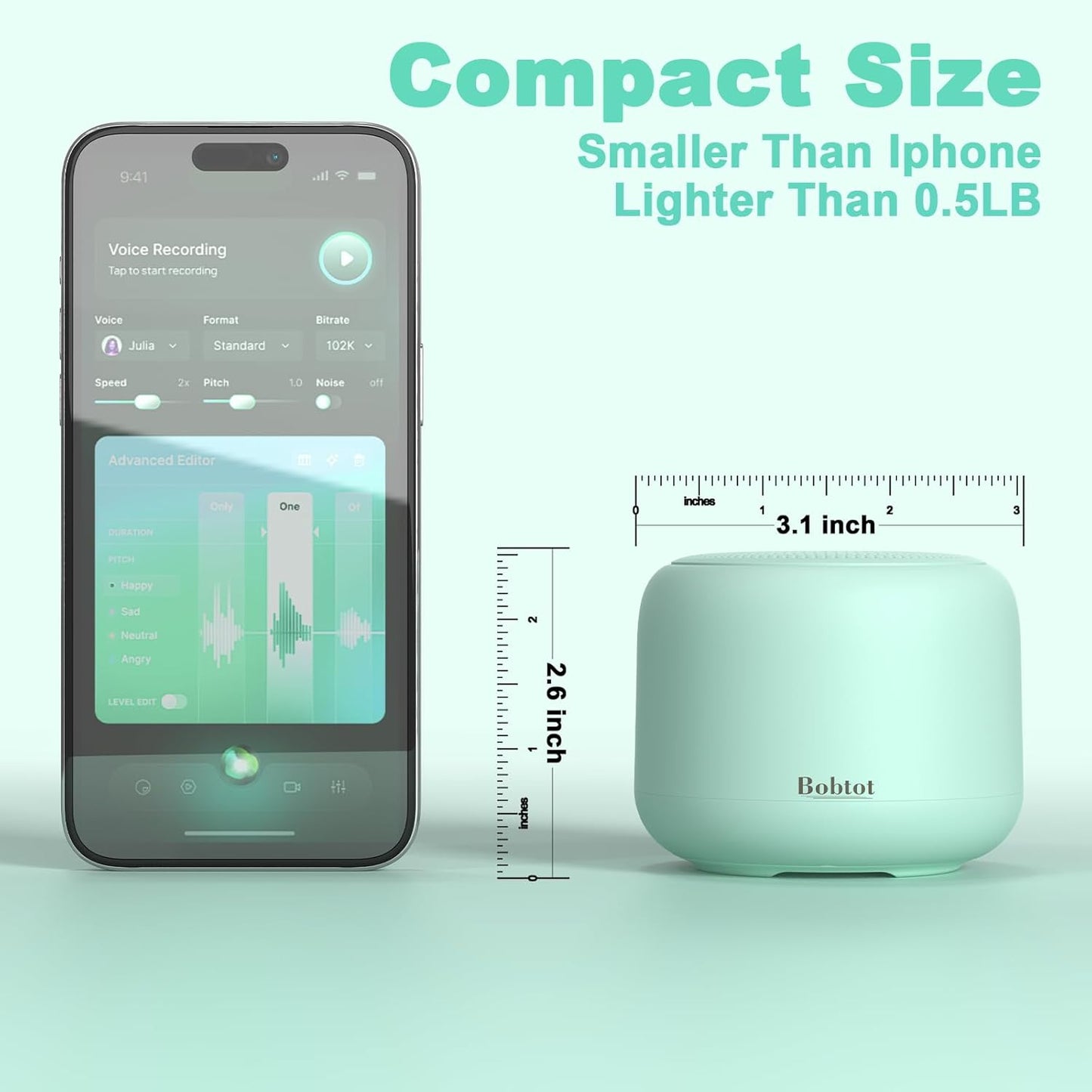 Bobtot Portable Bluetooth Speakers with Strap Easy to Carry, Wireless IPX5 Waterproof Mini Speaker with Loud Stereo Sound, 20 Hours Playtime, Rechargeable Battery, Built-in Microphone, Green