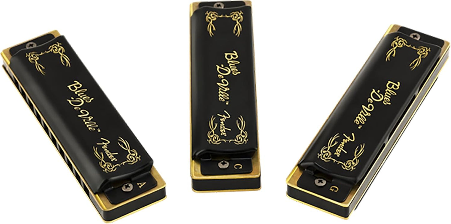 Fender Blues DeVille Harmonica - 3 Pack Bundle with Case, Austin Bazaar Instructional Manual, and Polishing Cloth