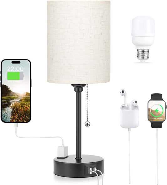 Small Bedside Lamp With 3 Color Modes - Off White 2700K 3500K 5000K Bedroom Light With USB C and A Ports, Pull Chain, AC Outlet, Black Metal Base for Kids Reading