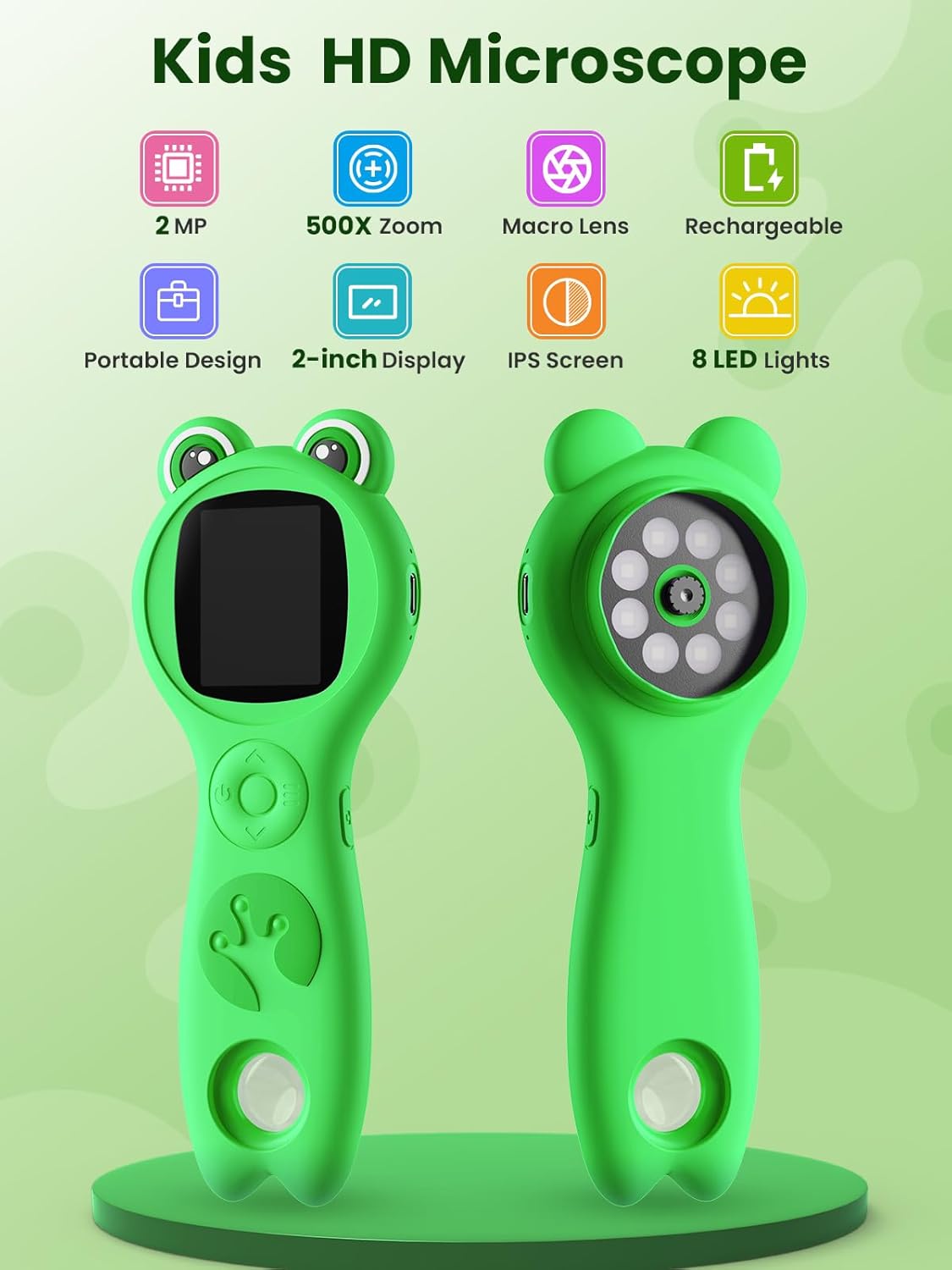 Microscope for Kids, 2 Inch Digital Microscope with 500X Magnifying Glass, 4× Zoom Handheld Camera Mini Pocket Magnification, Educational Science Toys for Ages 3+, Green