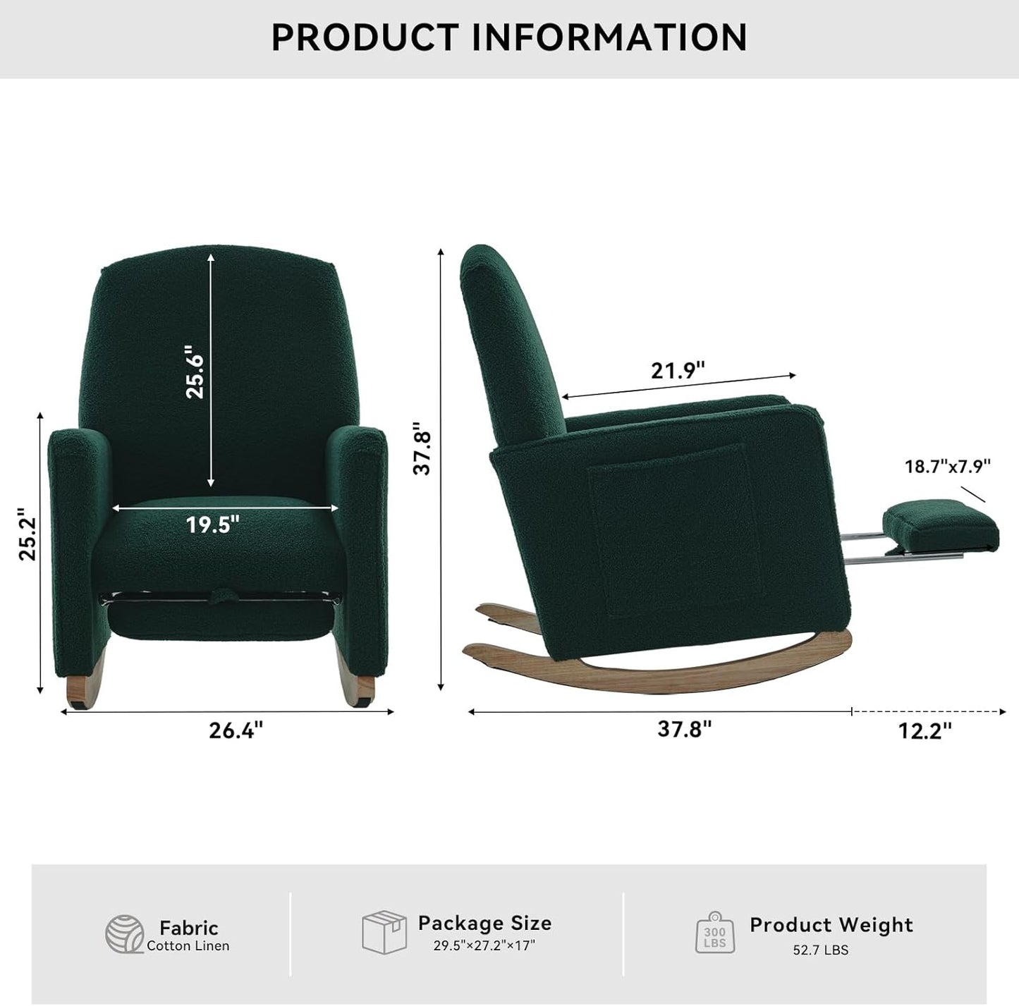 FOXHUNTER Rocking Chair Nursery with Adjustable Footrest and High Backrest, Upholstered Glider Chairs with Side Pockets for Nursery, Rocker Armchair Indoor for Living Room,Green