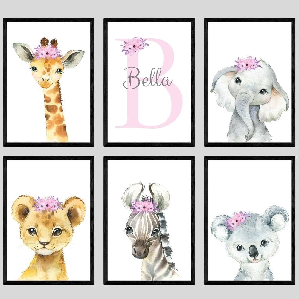 Personalized Safari Animals for Baby Girls Nursery, Set of 6 Unframed Poster Prints, Personalized Name Pink Lilac Floral, Girls Bedroom Decor, Elephant Giraffe (11x14)