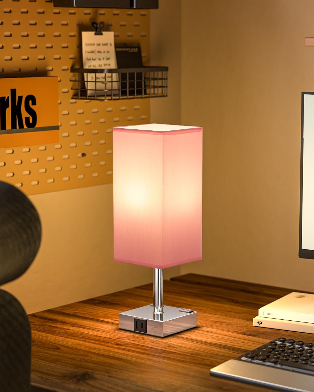 Touch Bedside Table Lamp for Nightstand - 3-Way Dimmable Night Lamp with USB A + Type C Charging Ports and Two AC Outlets, Small Desk Light with E26 LED Bulb for Bedroom Living Room Dorm Office, Pink