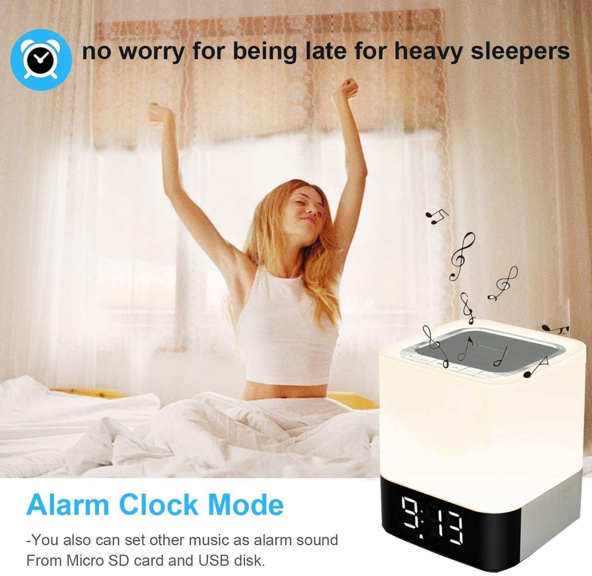 Night Lights Bluetooth Speaker, Alarm Clock Touch Sensor Dimmable Multi-Color Changing Bedside Lamp, MP3 Player, Wireless