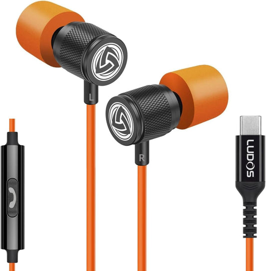 LUDOS Ultra USB C Headphones for iPhone 16 15 Pro Max Plus iPad Pro, 5 Years Warranty, Magnetic USB-C Earbuds for Samsung Galaxy S24 S23 Ultra S22 S21 FE S20 A55 A54 A53, USB Type C Earphone - Orange