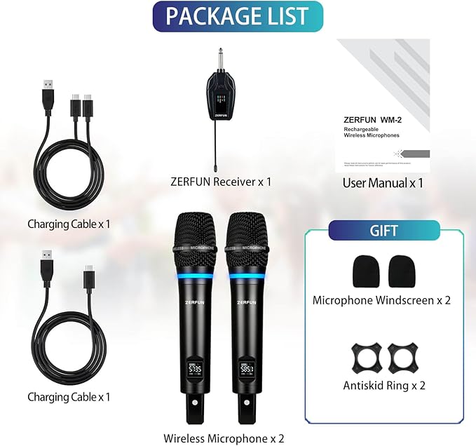 2 Channel Rechargeable Wireless Microphone System, Pro UHF Metal Handheld Wireless Microphones Cordless Mics with Mini Receiver, Channel Control for Karaoke Singing Church