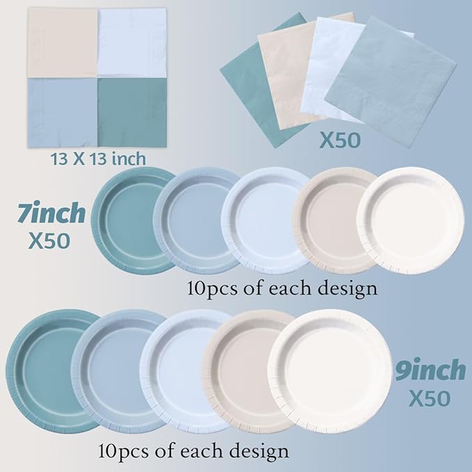 CMUSKO Blue Birthday Decorations - 150pcs Dusty Blue Gradient Plates & Napkins Kit Serves 50 for Dusty Theme Baby Shower,Wedding, Bridal Shower