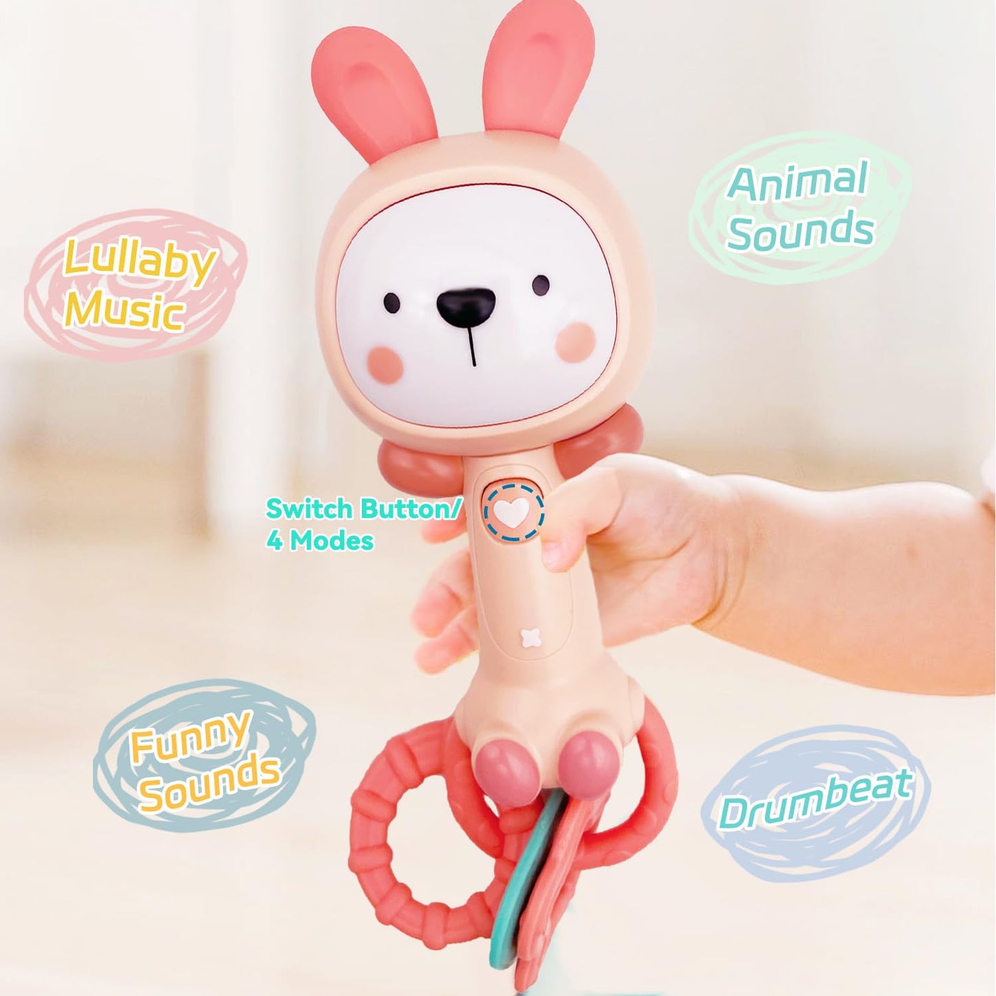 Baby Music Rattle, Teething Toys for Infants 6-12-18 Months Toddlers, Light-Up & Chew Sensory Toys for Baby Boy Girl Gifts (Rabbit)