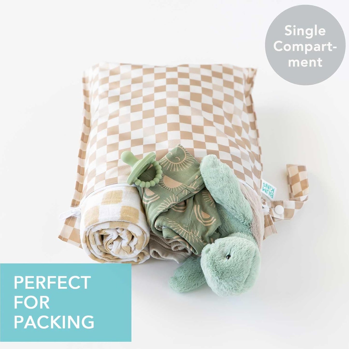 Bumkins - Waterproof Wet Bag - For Baby, Travel, Swim Suit, Cloth Diapers, Pump Parts, Pool, Gym, Toiletry, Strap to Stroller - Reusable & Easy to Clean - 2pk - Beige & Black Check