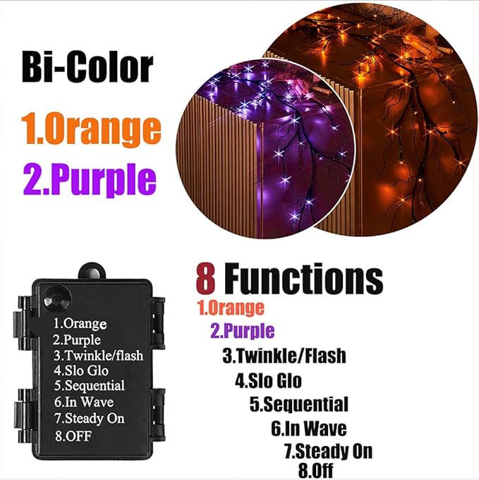 Hairui Lighted Halloween Garland with 48L Orange and Purple Bi-Color LED Lights 8 Functions, Black Glittered Garland Lights Battery Operated 6FT for Indoor Outdoor Halloween Party Decoration