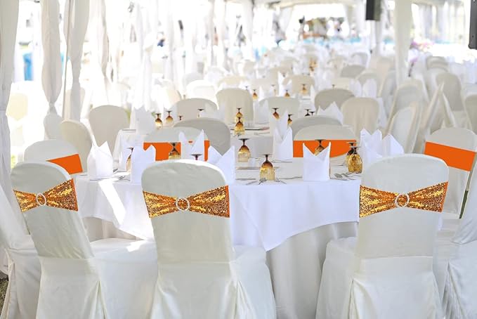 100 Pcs Chair Sashes Sequin Stretch Chair Bands Spandex Polyester Bows for Party Hotel Wedding Banquets Decoration - Orange