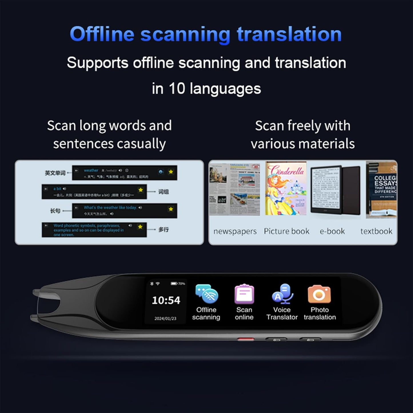 Translation Pen, Reading Pen for Dyslexia, Scanner Text to Speech Device, Scan Reader Pen OCR Digital Pen Reader, Translator Pen for 142+ Language, Wireless Translation Pen Scanner for Students Adults