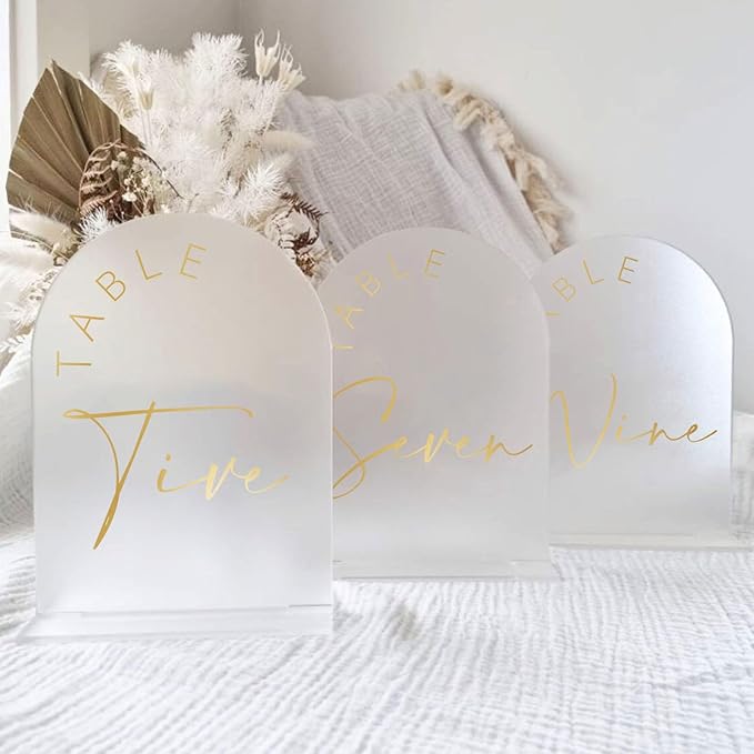 JINMURY Frosted Arch Wedding Table Numbers 1-25 with Stands, 5x7 Inch Acrylic Arch Sign with Golden Lettering, Frosted Acrylic Table Numbers for Wedding Reception