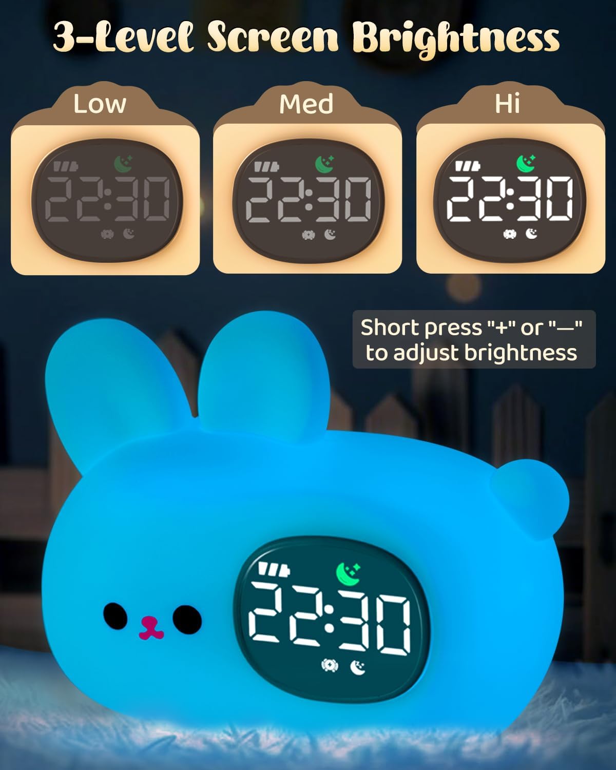 Bunny Alarm Clock for Kids with Night Light, Sleep Training Clock Time to Wake Clock, Rechargeable Silicone Light for Bedroom, Perfect Sleep Companion for Boys Girls