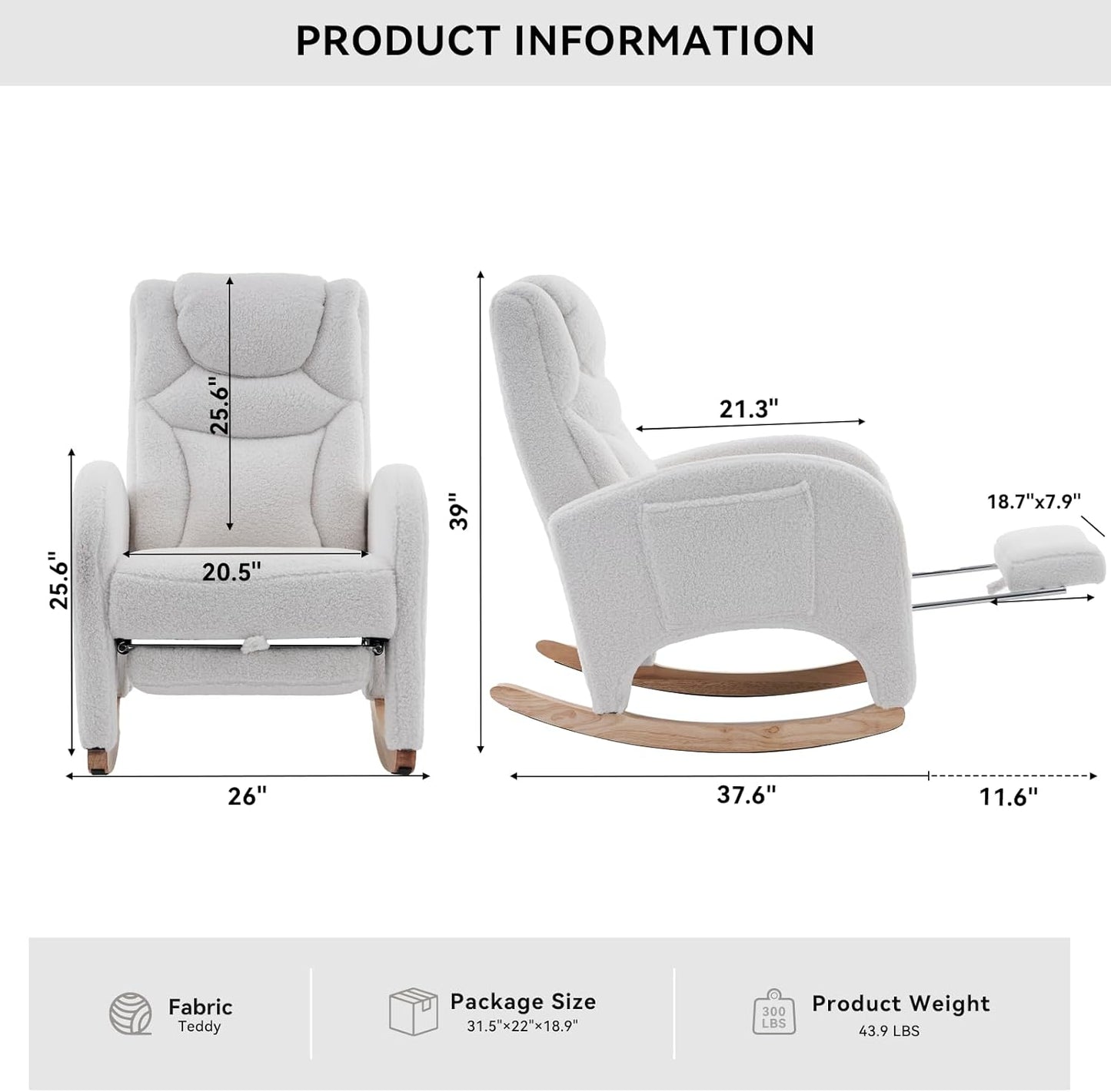 Rocking Chair Nursery, Modern Glider Chair with Adjustable Footrest and Solid Wood Legs, High Backrest Nursery Chair with Side Pocket, Rocker Armchair for Living Room Bedroom, Teddy Ivory