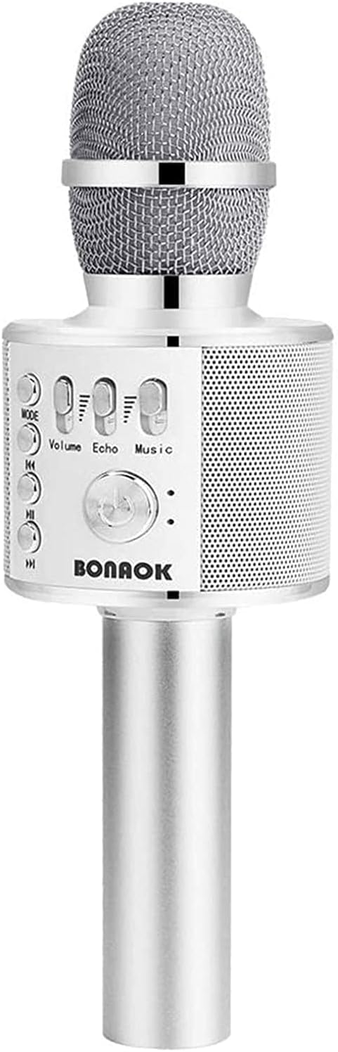 BONAOK Wireless Bluetooth Karaoke Microphone,3-in-1 Portable Handheld Mic Speaker for All Smartphones,Gifts for Kids Adults All Age Q37(Silver)