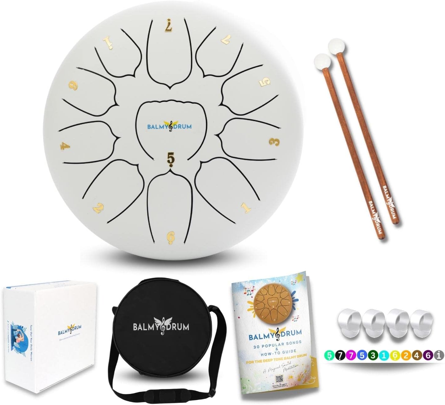 The Balmy Drum - 11 Note 10 Inch Steel Tongue Drum, Steel Drum Instrument, Drums For Children and Adults, Balmy Drum Set for Kids with Music Book, Handpan, Mallet and Carry Bag (White)