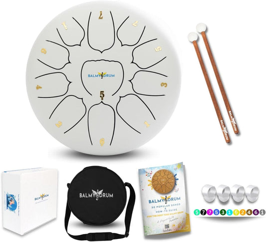 The Balmy Drum - 11 Note 10 Inch Steel Tongue Drum, Steel Drum Instrument, Drums For Children and Adults, Balmy Drum Set for Kids with Music Book, Handpan, Mallet and Carry Bag (White)
