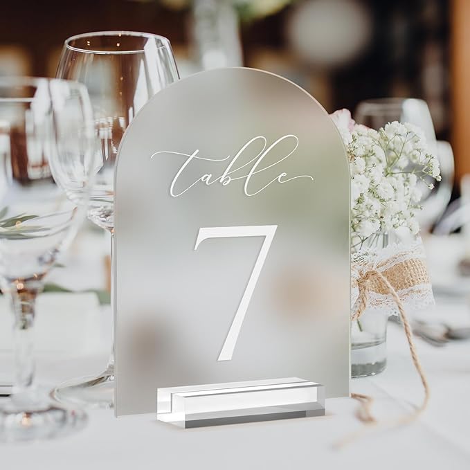 JINMURY Frosted Arch Table Numbers for Wedding, 5x7 Inch Arched Acrylic Table Numbers 1-15 with Stands, Frosted Acrylic Arch Sign with Holder for Centerpiece, Reception, Wedding, Party, Event
