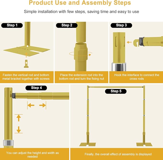 Jiang&Rong 10ft x 10ft Adjustable Backdrop Stand Kit - Heavy Duty Pipe and Drape Stand for Wedding, Birthday Party, Banquet Decorations (Golden)
