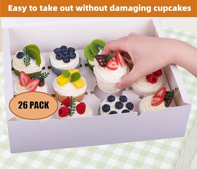 26-Set Cupcake Boxes Hold 12 Standard Cupcakes, Food Grade Cupcake Holders Bakery Carrier Boxes with Windows and Inserts for Cupcakes, Muffins and Pastries (White-26 Pack)