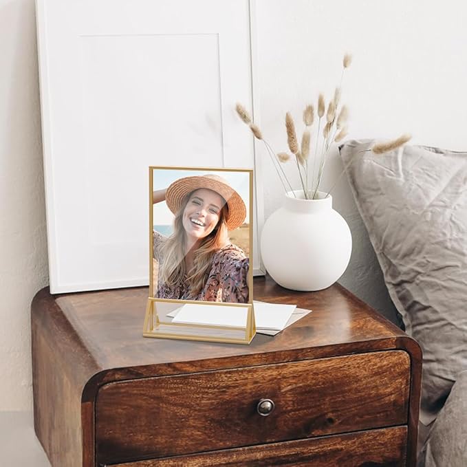 12 Pack Acrylic Sign Holder 5x7 Gold Frame Double Sided Display Stand, Clear Sign Holder Table Plastic Paper Holder, Acrylic Frames for Home Office Shop Photo Frames