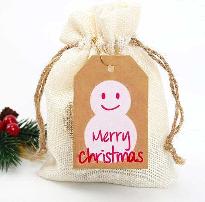 100 Pack Kraft Paper Christmas Gift Tags， Xmas Kraft Gift Tags with Jute Twine Baker Twine for DIY Xmas Holiday Present Wrap Stamp and Label Package Name Card