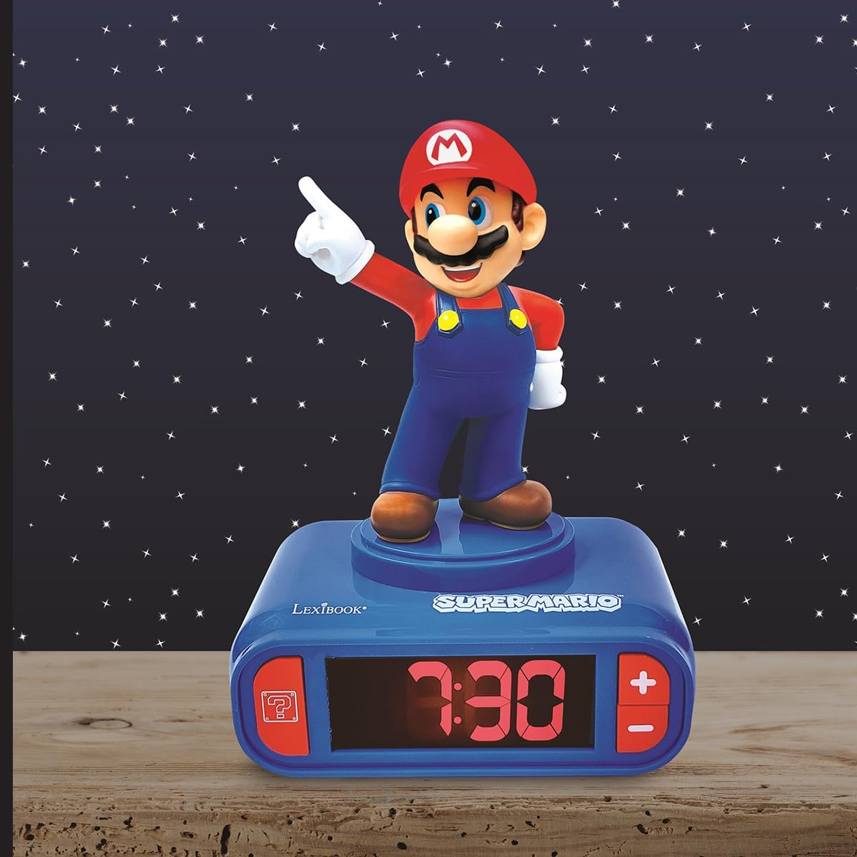 LEXiBOOK, Super Mario, Mario Nightlight Alarm Clock, Sounds and Melodies, LCD Backlit Screen, Luminous, Snooze, Red/Blue, RL800NI