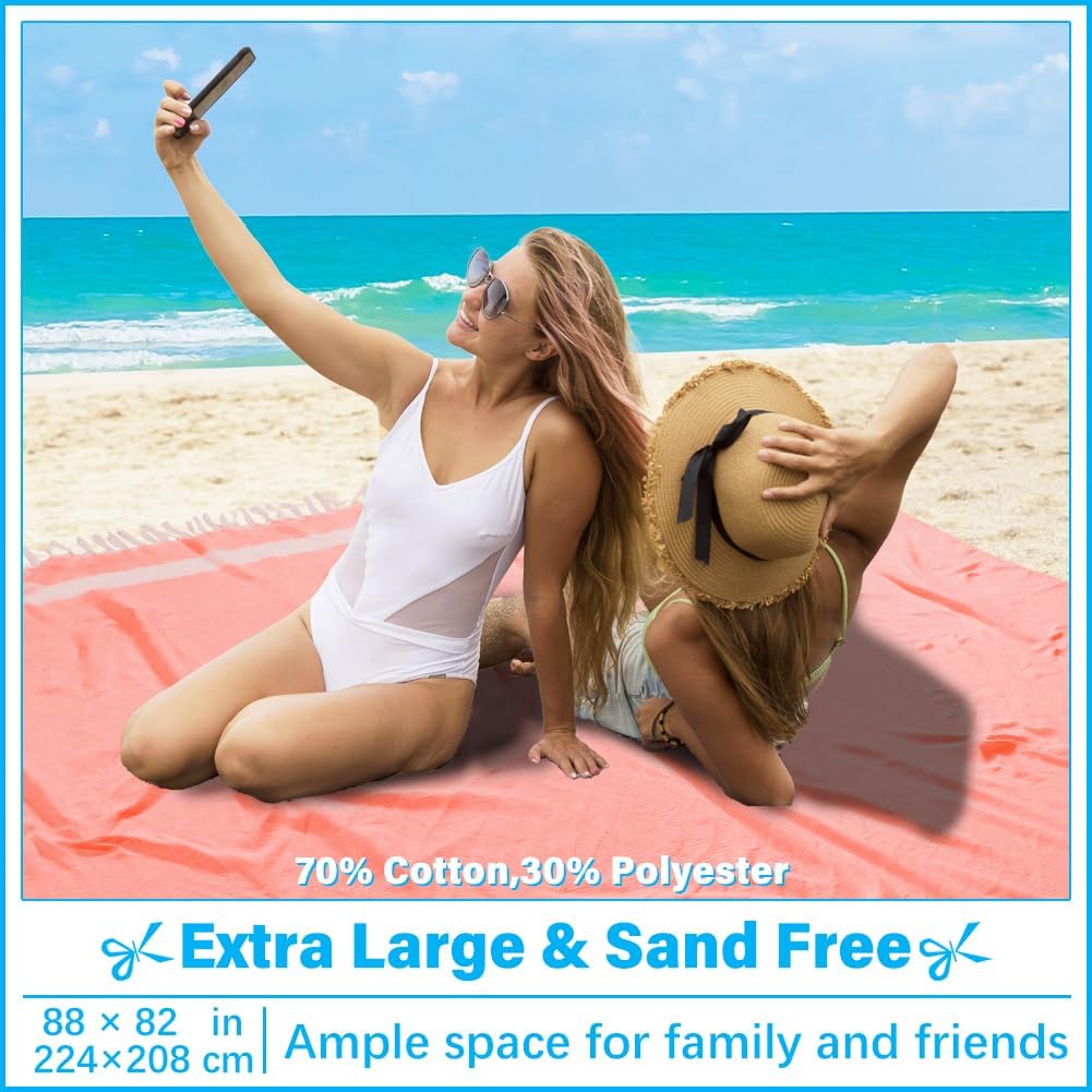 Oversized Turkish Beach Towel Blanket XXL Cotton Sandproof Towels Boho Woven Extra Large Big Sand Free Giant Throw Thick Blankets Huge Quilt XL Picnic Camping Necessities Cloud For Adult Gifts Coral