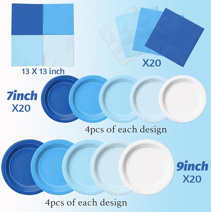 CMUSKO 60Pcs Blue Plates and Napkins-Light Blue Party Supplies Gradient Blue Disposable Tableware for Birthday,Baby Shower,Wedding