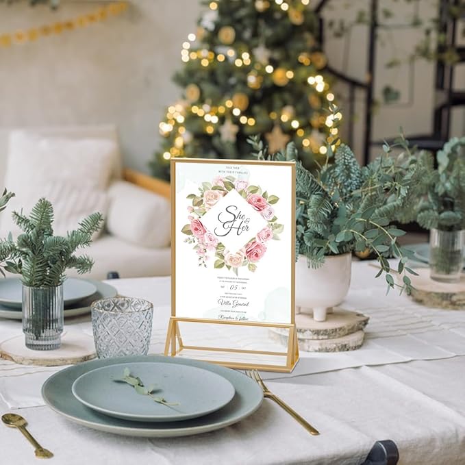 Acrylic Sign Holder 5x7 Gold Display Stand, Clear and Stable Table Plastic Paper Holder, Acrylic Frames for Home Office Shop Photo Frames Exhibition (6pcs)