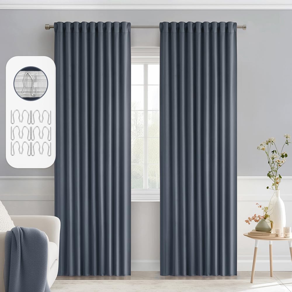 MIULEE Stone Blue Back Tab Blackout Curtains 72 Inch Length 2 Panels Set for Living Room Bedroom Privacy, Rod Pocket/Pinch Pleat Thermal Insulated Room Darkening Pleated Light Blocking Drapes