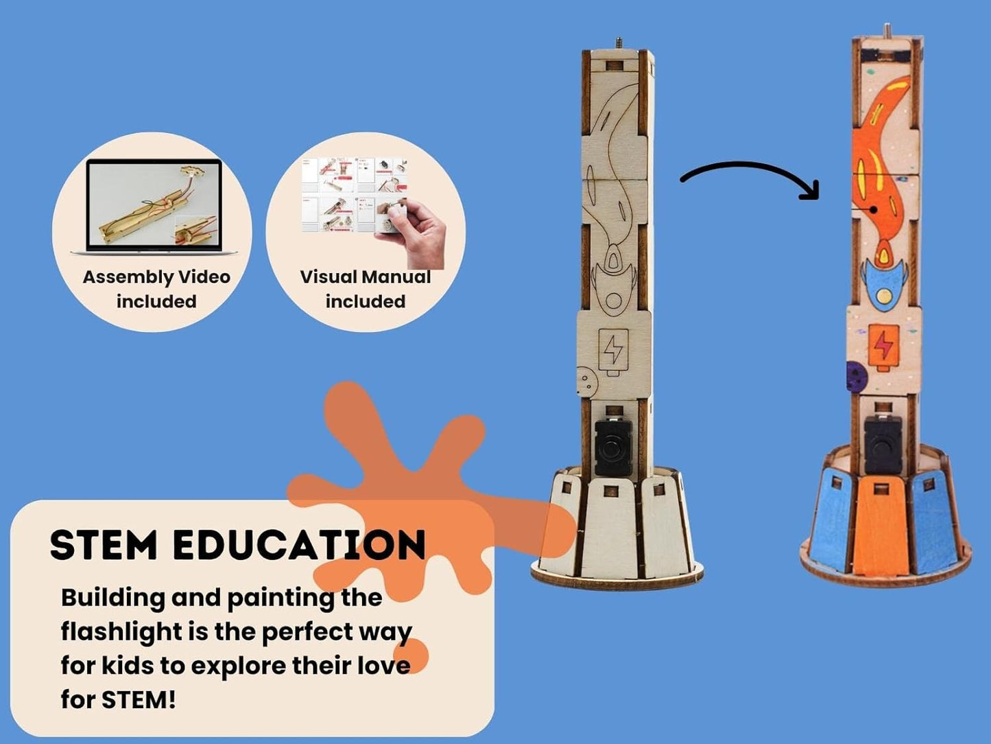 DIY Wooden Flashlight STEM Kit for Kids Aged 6-10 | Battery-Operated Educational Science Experiment Kit with Built-in Switch