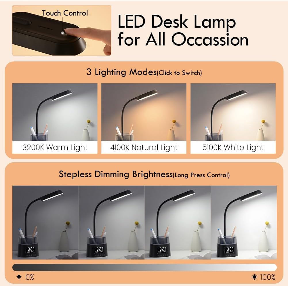 WILIT LED Kids Desk Lamp, Dimmable Study Lamp for Home Office Desk Accessories, with Pen Holder & Clock, USB Charging, RGB Night Light, Bedroom & College Dorm Room Essentials for Girls - Black