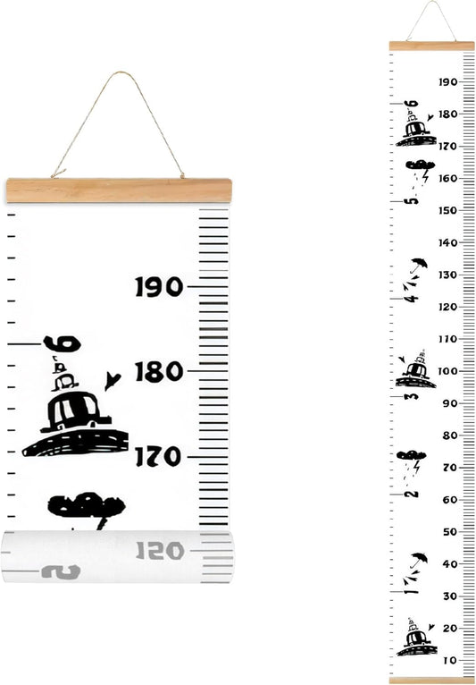 Kids Growth Chart, Wood Frame Fabric Canvas Height Measurement Ruler from Baby to Adult for Child's Room Decoration 7.9 x 79in (7.9 x 79in, Black Car)