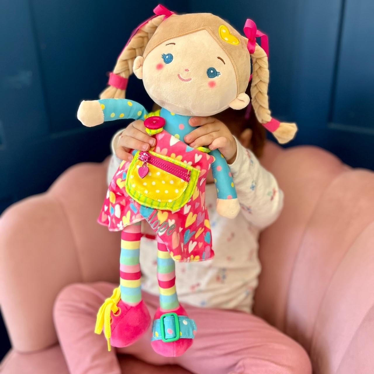 Educational Soft Baby Doll(16''), Learning Sensory Doll for Toddlers, Montessori Toys for 2-Year-Old Girls Christmas, Birthday Gifts, Plush Doll with Zipper, Shoelace, Button-Busy Sweetheart