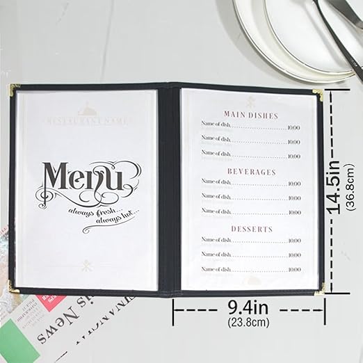 Goodsmart Restaurant Menu Covers – 25 Pack Black 4-View 8.5" x 14", Side-Loading Vinyl & Plastic Menu Holders, Clear Menu Sleeves, Leather-Style Café Covers with Gold Corners