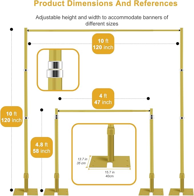 Jiang&Rong 10ft x 10ft Adjustable Backdrop Stand Kit - Heavy Duty Pipe and Drape Stand for Wedding, Birthday Party, Banquet Decorations (Golden)