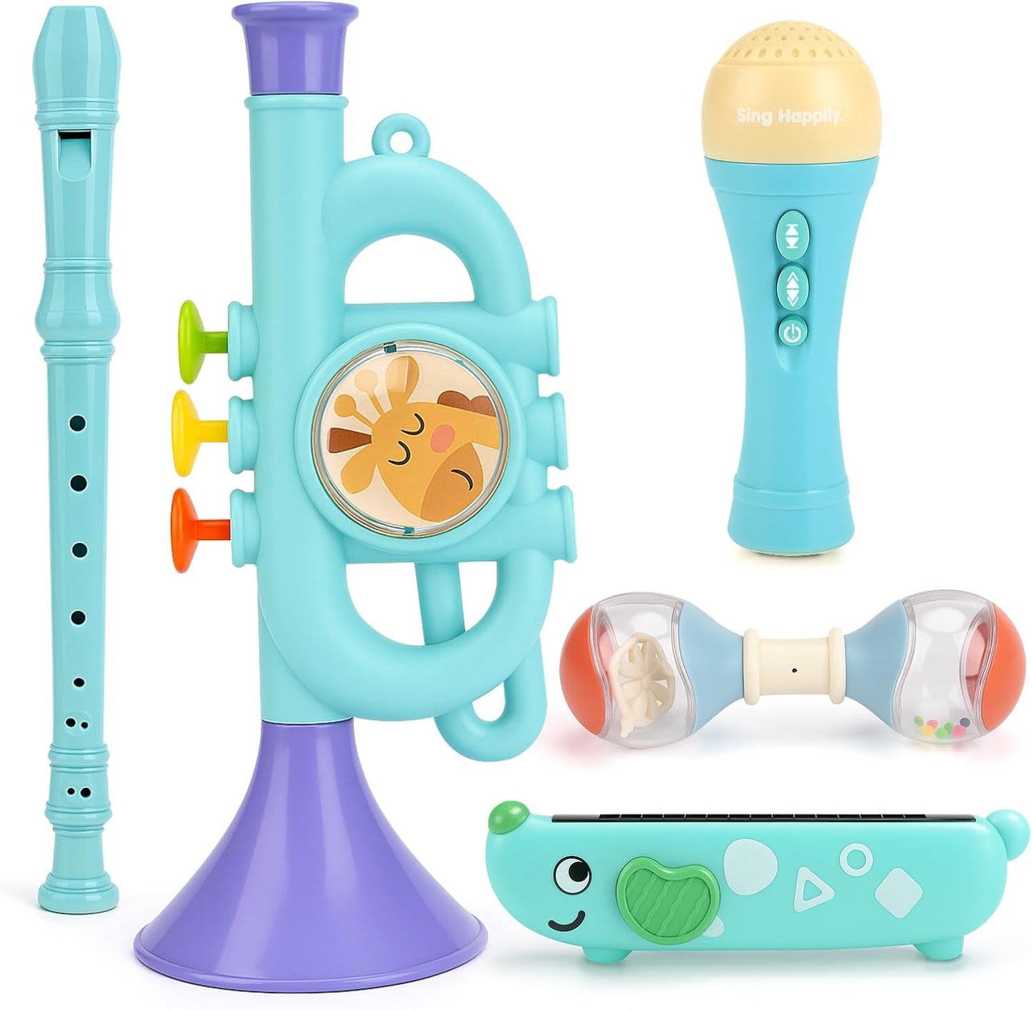 Musical Toys for 2 3 Year Old Boy Girl Birthday Gifts, 5 in 1 Montessori Musical Instruments for Toddlers 2-4 with Trumpet/Microphone/Flute/Harmonica, Preschool Learning Toys for Baby 18+ Months